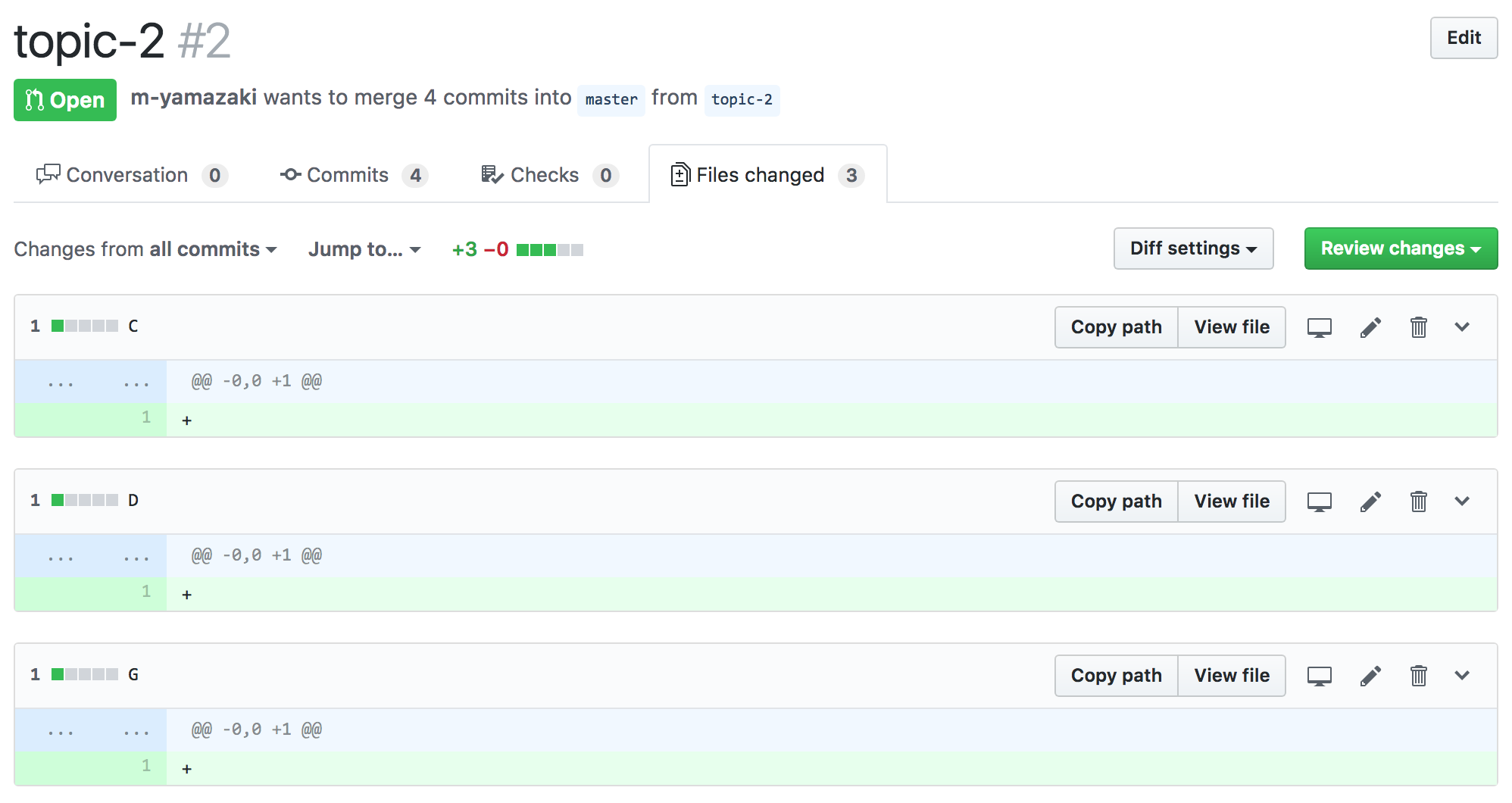 GitHubのプルリクエストの差分はどこと比較しているか？(git diffの