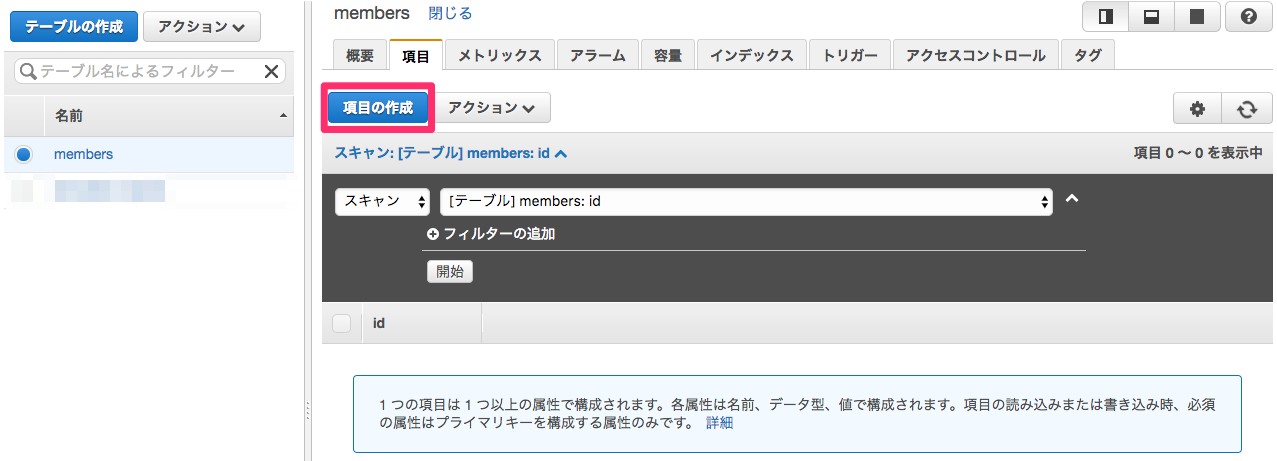 DynamoDBのテーブルに項目を作成する